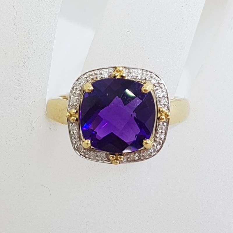 9ct Yellow Gold Square Amethyst and Diamond Cluster Ring