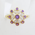 9ct Yellow Gold Amethyst and Diamond Cluster Ring - Snowflake / Flower