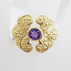 9ct Yellow Gold Round Amethyst in Wide and Unusual Ornate Setting Ring
