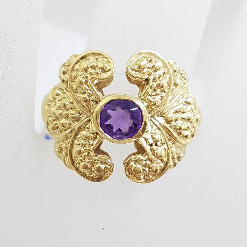 9ct Yellow Gold Round Amethyst in Wide and Unusual Ornate Setting Ring