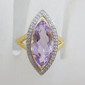 9ct Yellow Gold Large Amethyst and Diamond Marquis Shape Cluster Ring