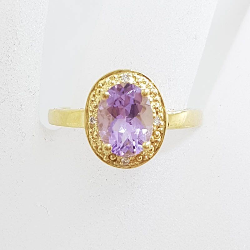 9ct Yellow Gold Amethyst &amp; Diamond Ornate Oval Ring
