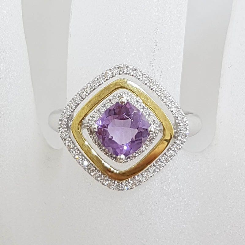 9ct Yellow Gold and White Gold Amethyst and Diamond Cluster Ring - Square