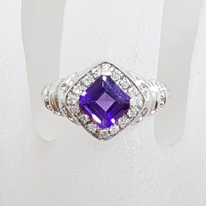 9ct White Gold Square Amethyst with Diamond Large Cluster Ring