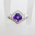 9ct White Gold Square Amethyst with Diamond Large Cluster Ring