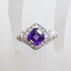 9ct White Gold Square Amethyst with Diamond Large Cluster Ring