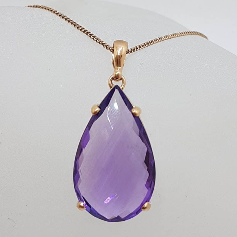 9ct Rose Gold Large Teardrop / Pear Shape Amethyst Claw Set Pendant on Gold Chain