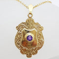 9ct Yellow Gold Amethyst Large Medallion / Shield Pendant on Gold Chain