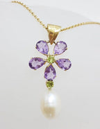 9ct Yellow Gold Pearl, Amethyst &amp; Peridot Large Flower Pendant on Gold Chain