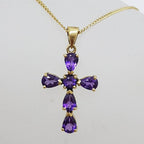 9ct Yellow Gold Amethyst Crucifix  / Cross Pendant on 9ct Chain