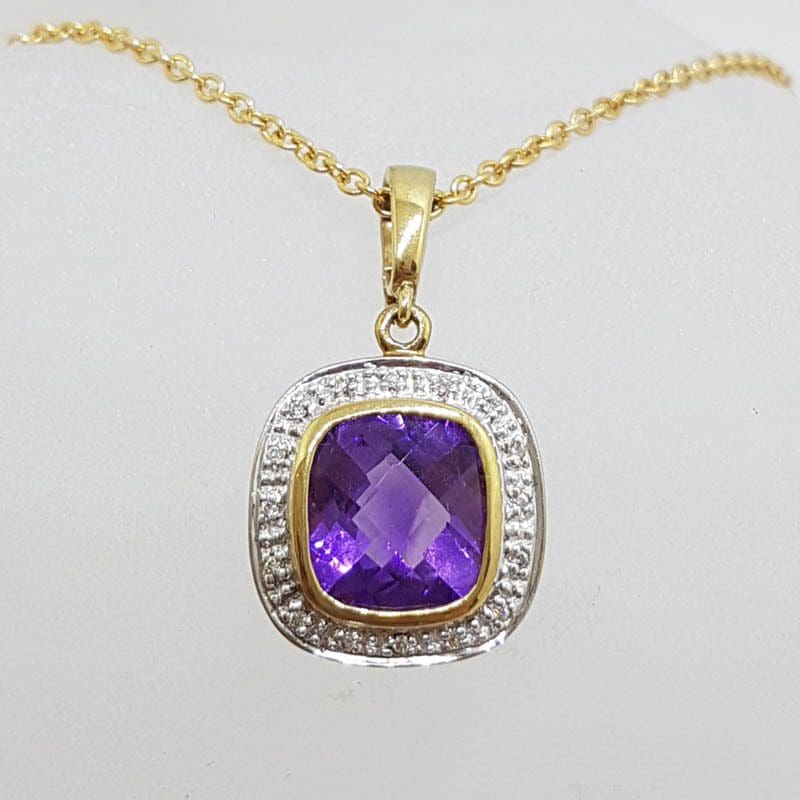9ct Yellow Gold Amethyst and Diamond Square Cluster Pendant on 9ct Chain