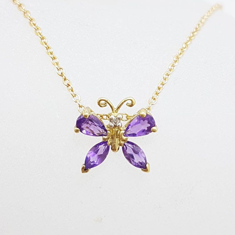 9ct Yellow Gold Amethyst and Diamond Butterfly Pendant on Gold Chain