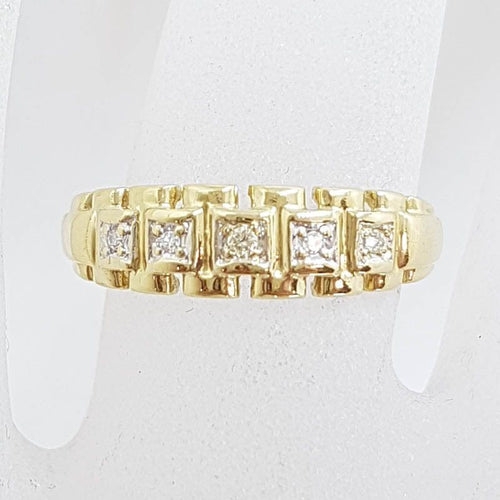 9ct Yellow Gold 5 Diamond Band Ring - Antique / Vintage