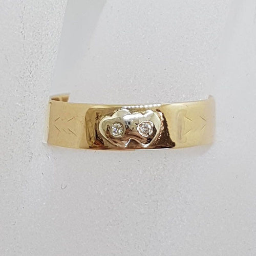9ct Yellow Gold 2 Hearts Diamond Wedding Band Ring - Vintage