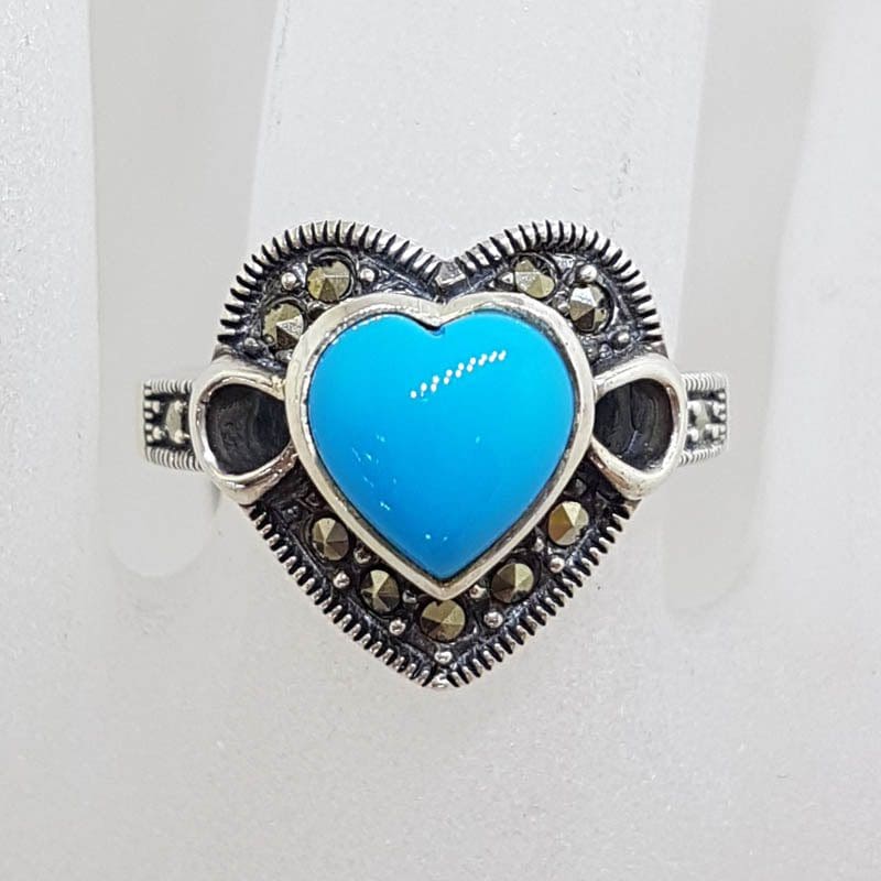 Sterling Silver Marcasite Blue Recon. Turquoise Heart Ring