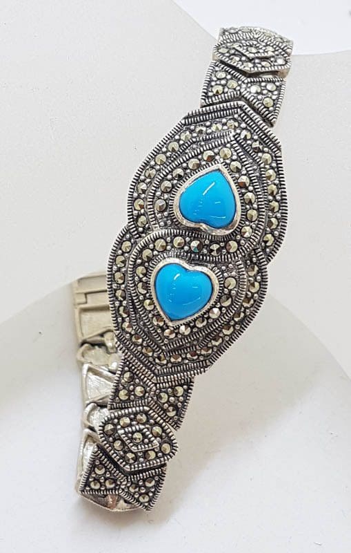 Sterling Silver Marcasite &amp; Recon. Turquoise Wide Heart Bracelet