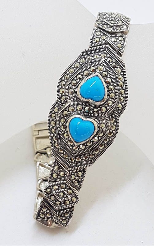 Sterling Silver Marcasite &amp; Recon. Turquoise Wide Heart Bracelet