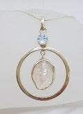 Sterling Silver Rough Cut Rose Quartz with Topaz Large Round Drop Pendant on Silver Chain