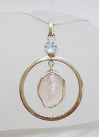 Sterling Silver Rough Cut Rose Quartz with Topaz Large Round Drop Pendant on Silver Chain