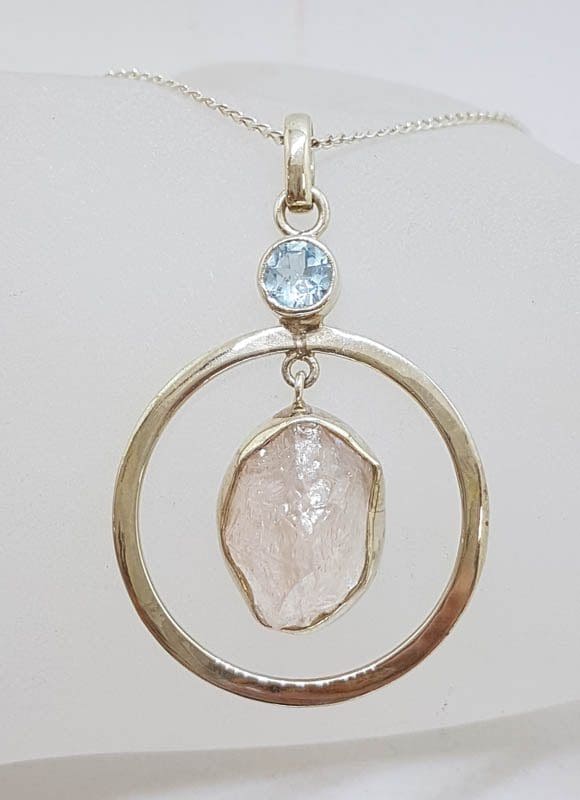 Sterling Silver Rough Cut Rose Quartz with Topaz Large Round Drop Pendant on Silver Chain