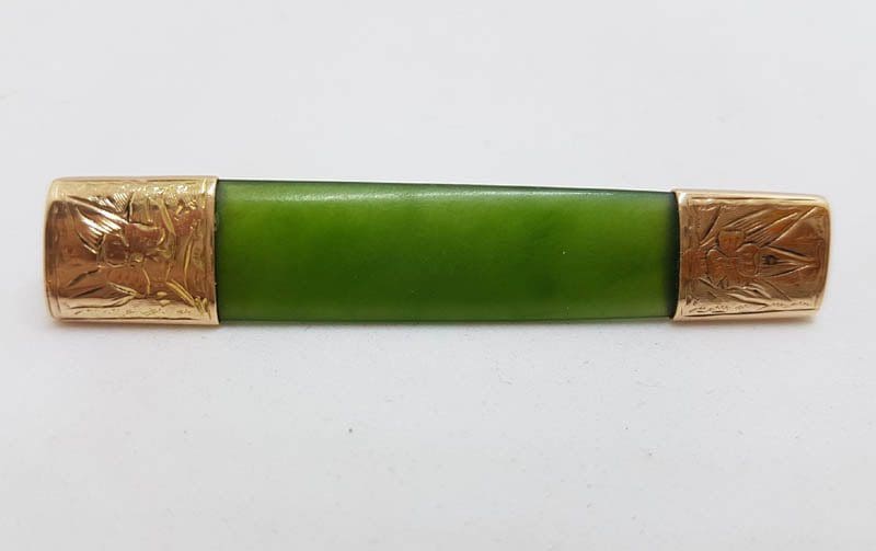 9ct Yellow Gold Elongated Ornate Design New Zealand Green Stone Jade Bar Brooch - Antique / Vintage