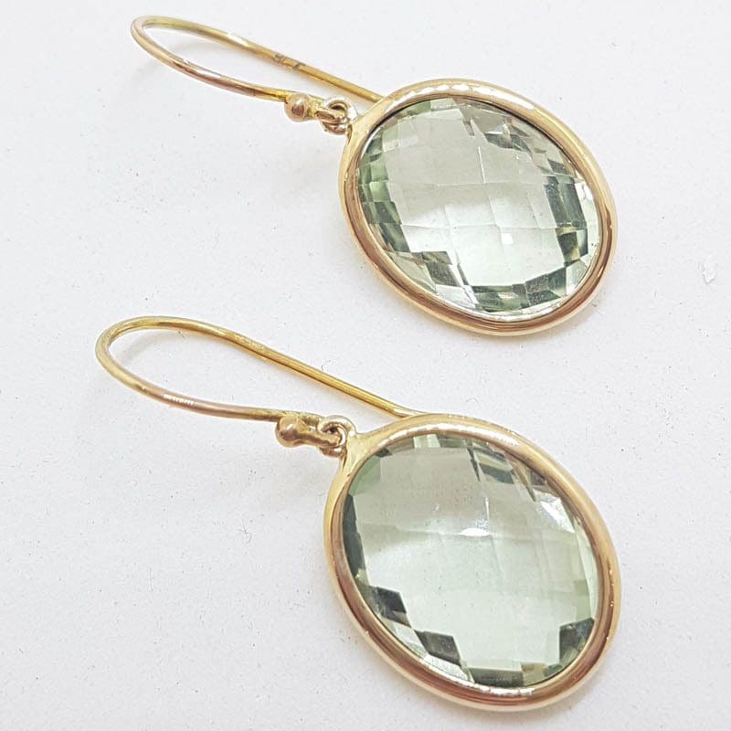 9ct Yellow Gold Large Green Amethyst / Prasiolite Oval Bezel Set Drop Earrings