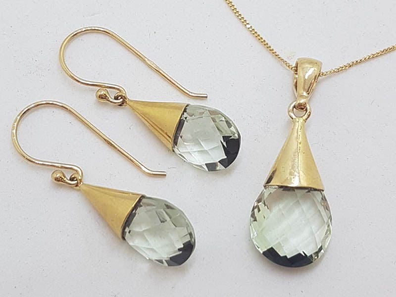 9ct Yellow Gold Green Amethyst / Prasiolite Cone Shape Drop Earrings