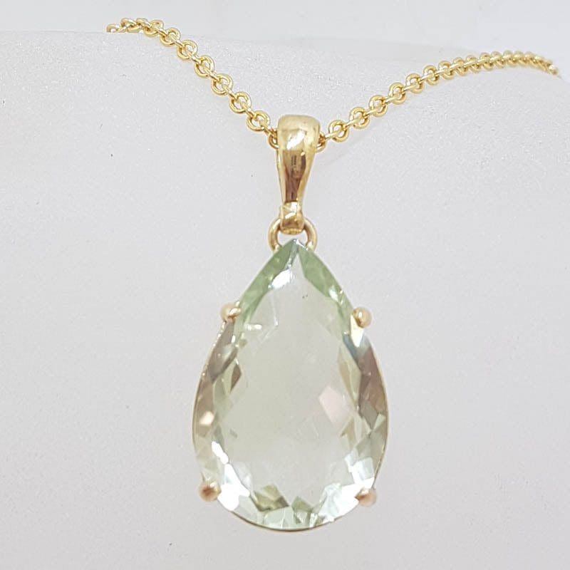 9ct Yellow Gold Green Amethyst / Prasiolite Claw Set Teardrop Shape Pendant on Gold Chain