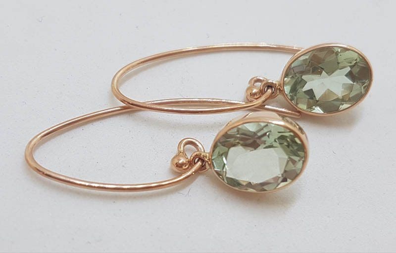 9ct Rose Gold Long Oval Bezel Set Green Amethyst / Prasiolite Drop Earrings