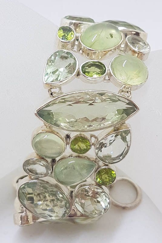 Sterling Silver Green Amethyst / Prasiolite, Prehnite, Pearl and Peridot Wide Bracelet