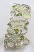 Sterling Silver Green Amethyst / Prasiolite, Prehnite, Pearl and Peridot Wide Bracelet