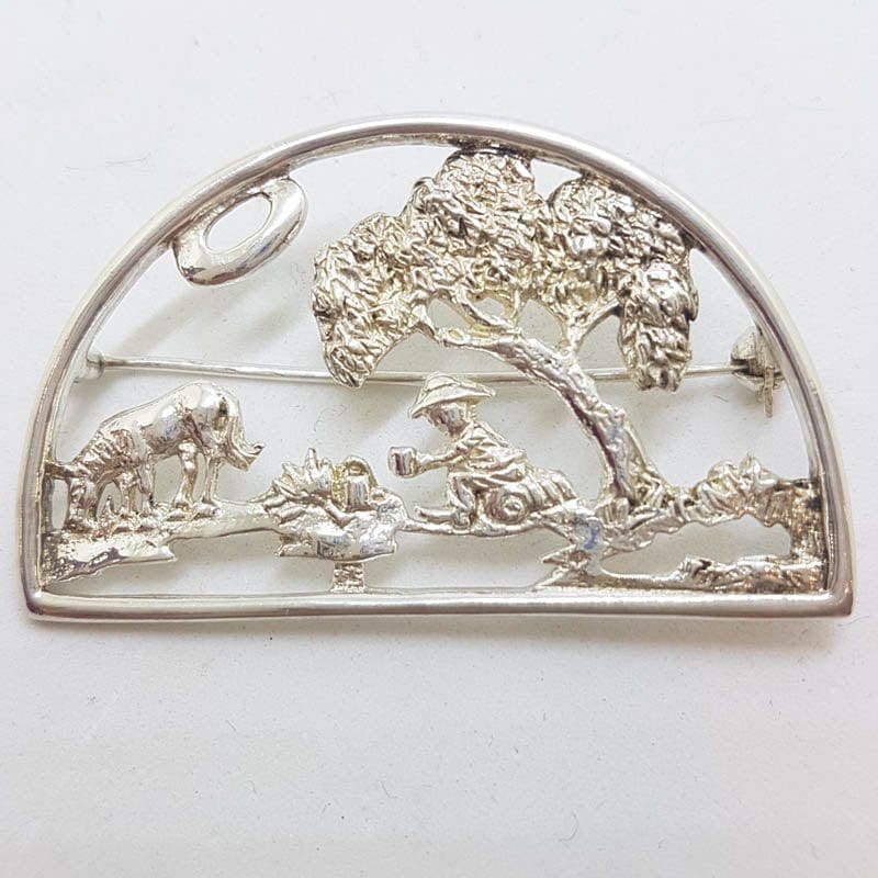 Sterling Silver Large Australian Outback / Waltzing Matilda Scene Brooch - Australiana