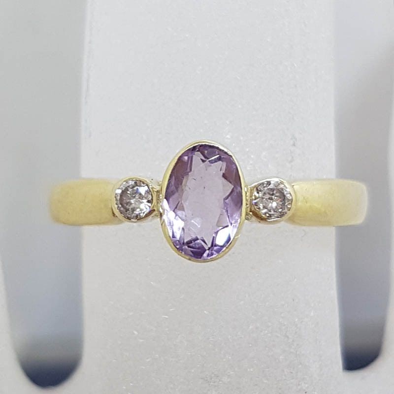 9ct Yellow Gold Oval Amethyst and Diamond Bezel Set Ring