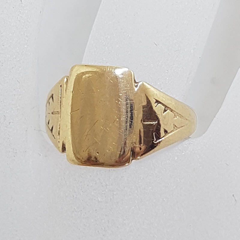 9ct Rose Gold Rectangular Signet Ring with Ornate Sides - Antique / Vintage - Gents / Ladies