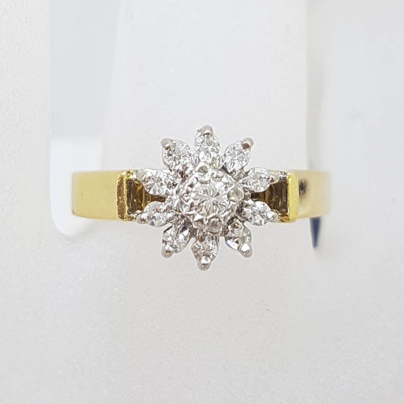 18ct Yellow Gold Diamond Daisy Flower High Set Engagement Ring / Dress Ring - Antique / Vintage