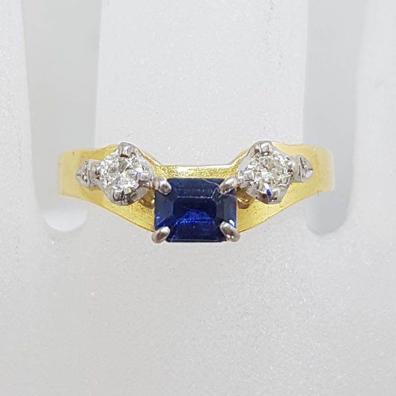 18ct Yellow Gold Unique Rectangular Natural Sapphire with Two Diamond Half Round Eternity / Wedding Ring - Antique / Vintage