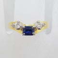 18ct Yellow Gold Unique Rectangular Natural Sapphire with Two Diamond Half Round Eternity / Wedding Ring - Antique / Vintage