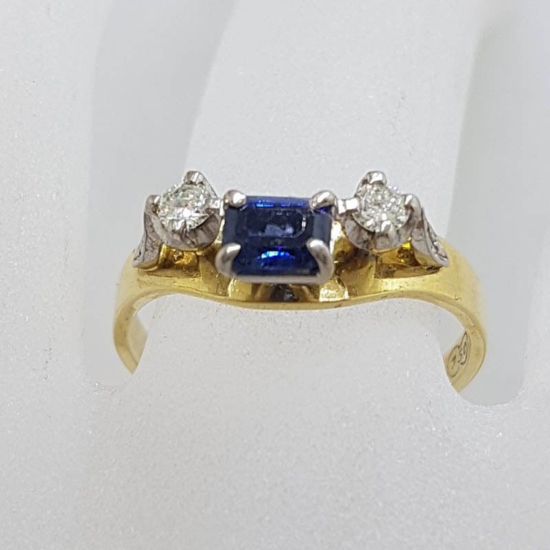 18ct Yellow Gold Unique Rectangular Natural Sapphire with Two Diamond Half Round Eternity / Wedding Ring - Antique / Vintage