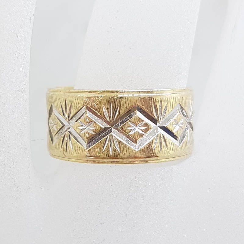 9ct Yellow Gold and White Gold Wide Patterned Wedding Band / Band Ring - Antique / Vintage