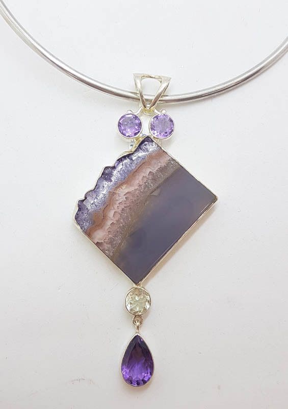 Sterling Silver Large Amethyst Crystal Slice Pendant with Clear Crystal Quartz and Amethyst on Silver Choker