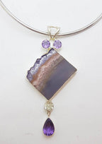 Sterling Silver Large Amethyst Crystal Slice Pendant with Clear Crystal Quartz and Amethyst on Silver Choker