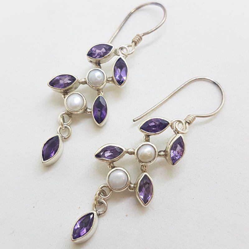 Sterling Silver Amethyst &amp; Pearl Leaf Long Drop Earrings