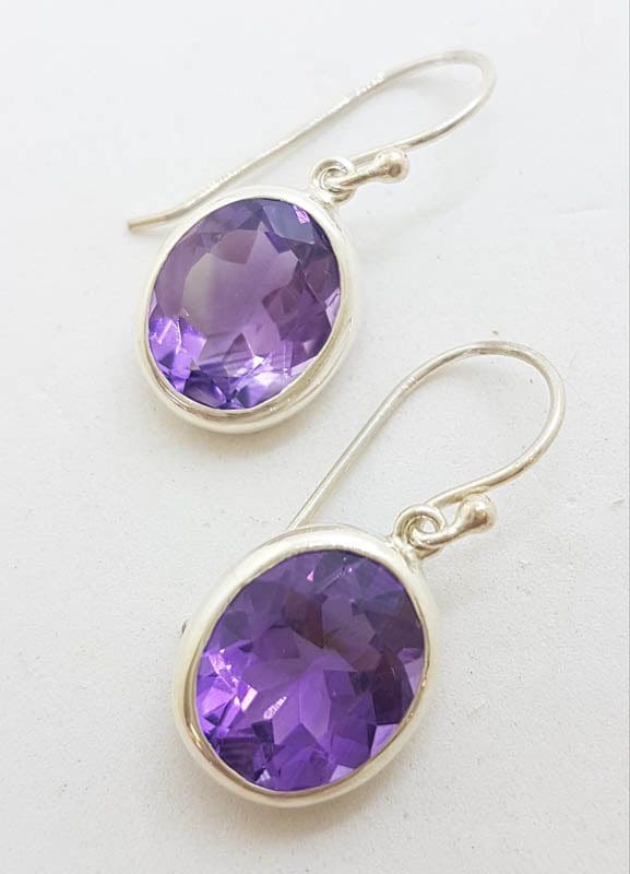 Sterling Silver Oval Bezel Set Amethyst Earrings