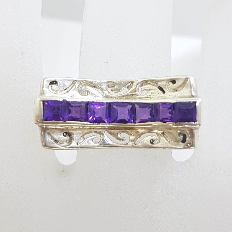 Sterling Silver Amethyst Heavy Ornate Filigree Wave Shape Ring