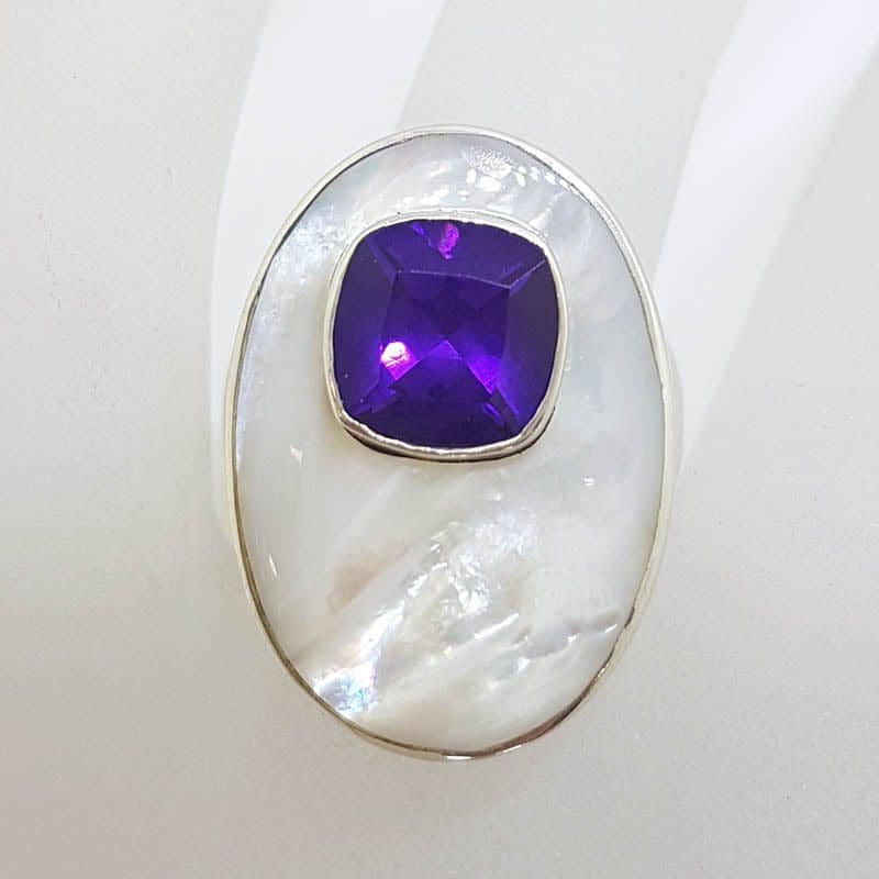 Sterling Silver Large Oval Mother of Pearl &amp; Amethyst Ring
