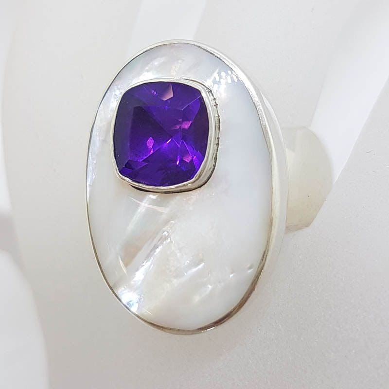 Sterling Silver Large Oval Mother of Pearl &amp; Amethyst Ring