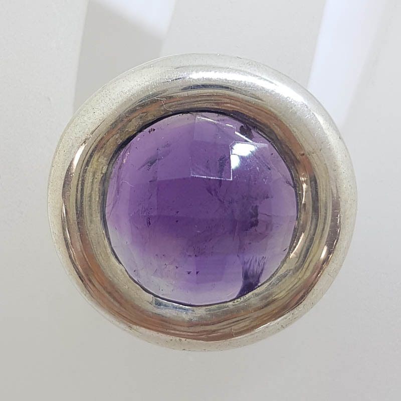 Sterling Silver Large Round Faceted Amethyst Ring - Chunky / Heavy