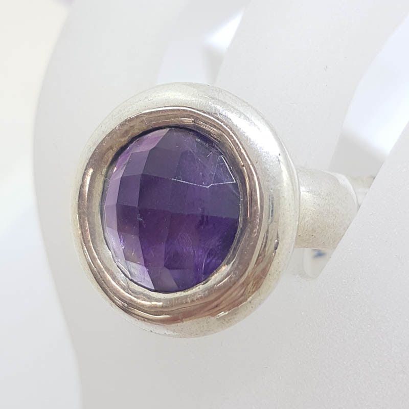 Sterling Silver Large Round Faceted Amethyst Ring - Chunky / Heavy
