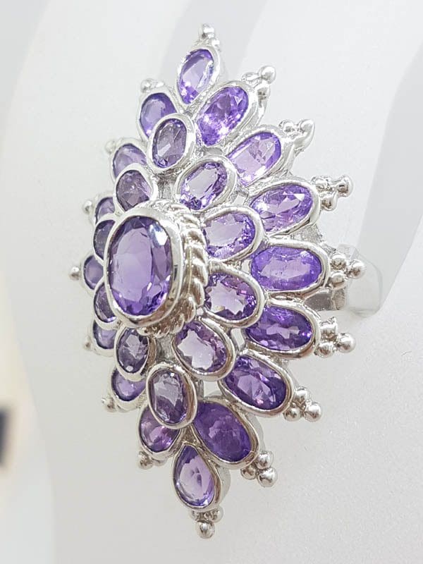 Sterling Silver Very Large Exquisite Amethyst Cluster Ring
