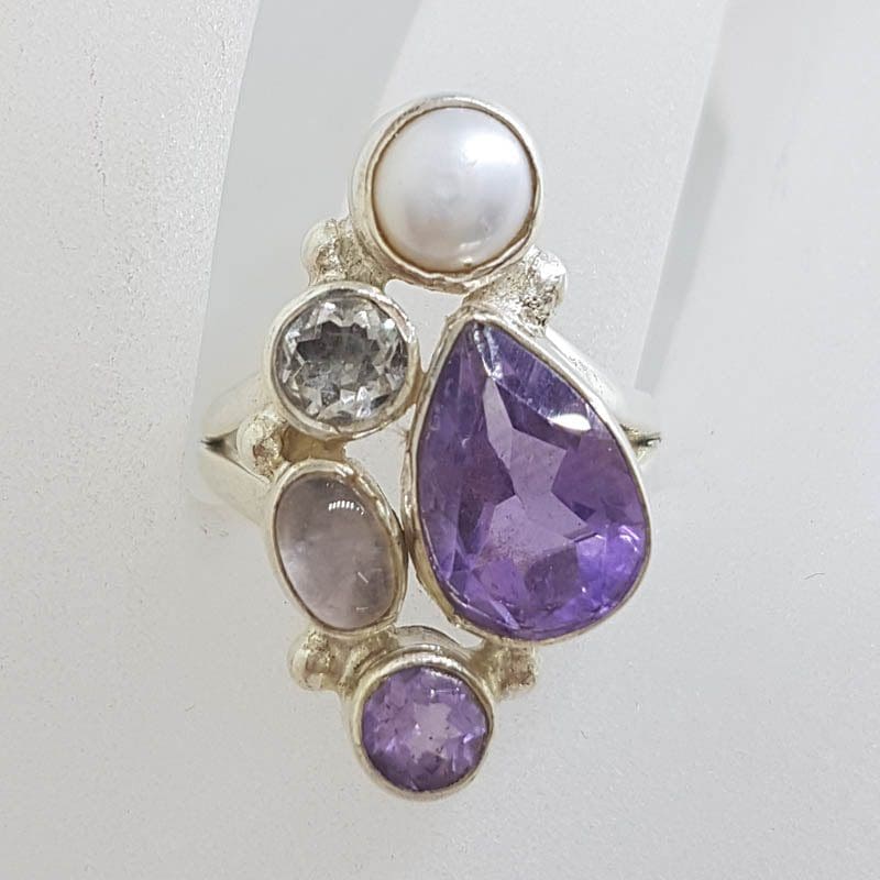 Sterling Silver Large Amethyst, Quartz, Rose Quartz and Pearl Cluster Ring